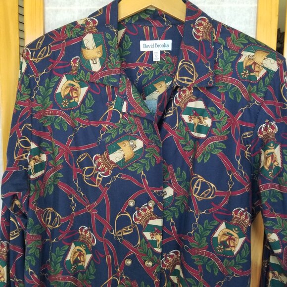 Vintage Equestrian Print Blouse Top Size 12 Long Sleeves Double Buttons - Picture 5 of 13